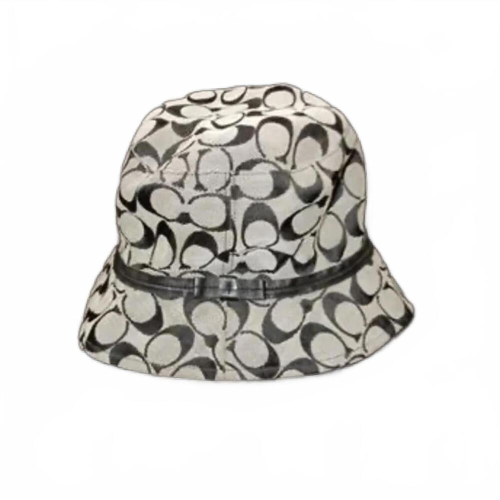 COACH Signature Jacquard Bucket Hat with black leather band. Size M/L Black/Gray